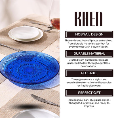 Glass Hobnail Dinner or Charger Plates | Set of 4 | Dark Blue - -