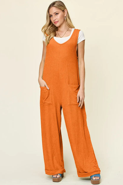 Double Take Full Size Texture Sleeveless Wide Leg Jumpsuit - -