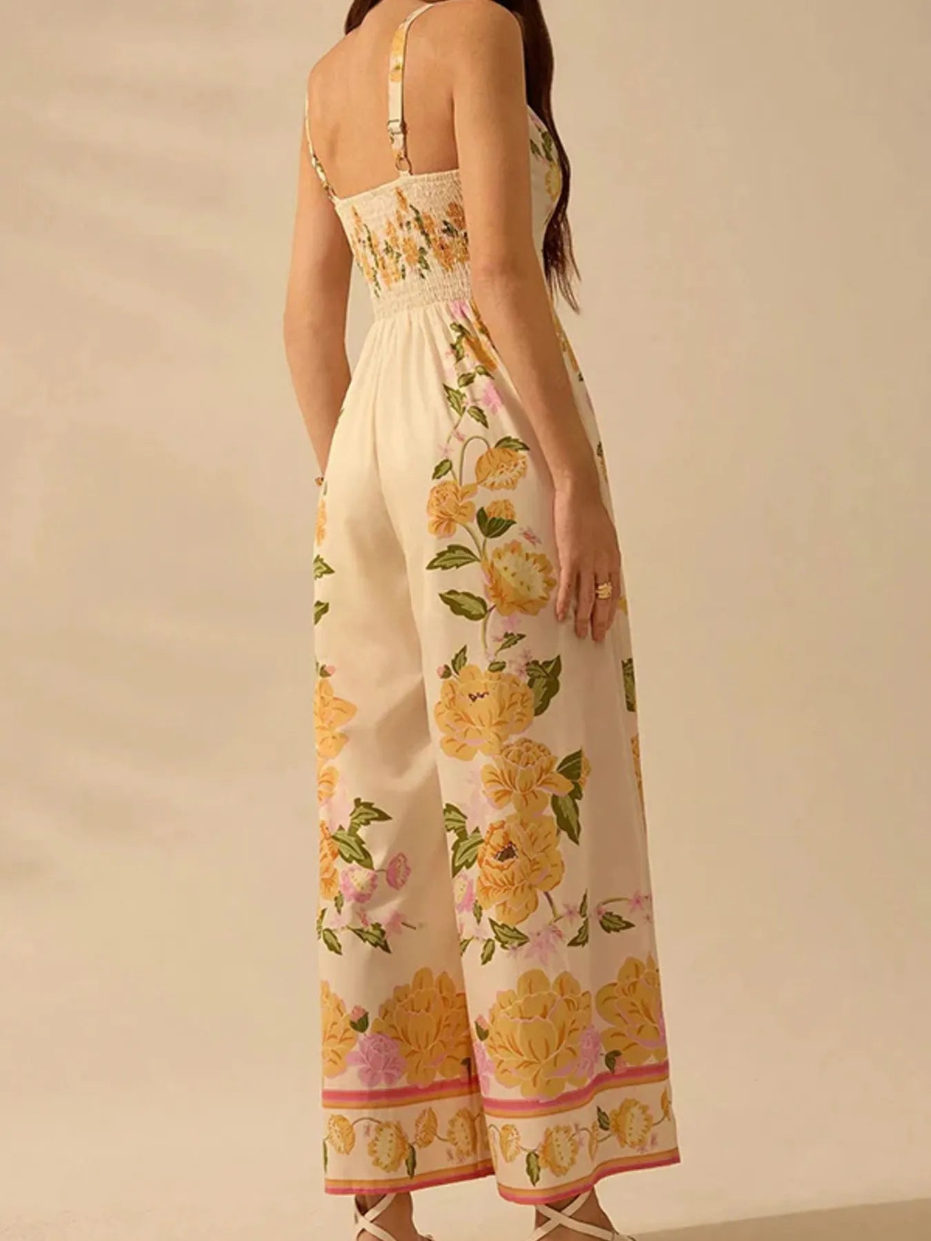 Floral Print Wide-Leg V-Neck Cami Jumpsuit - -