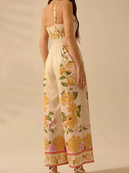 Floral Print Wide-Leg V-Neck Cami Jumpsuit - -