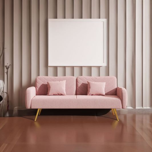 70.47" Pink Fabric Double Sofa with Split Backrest and Two Throw Pillows - - sofa