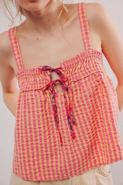 Tied Front Textured Square Neck Cami - Coral - Top