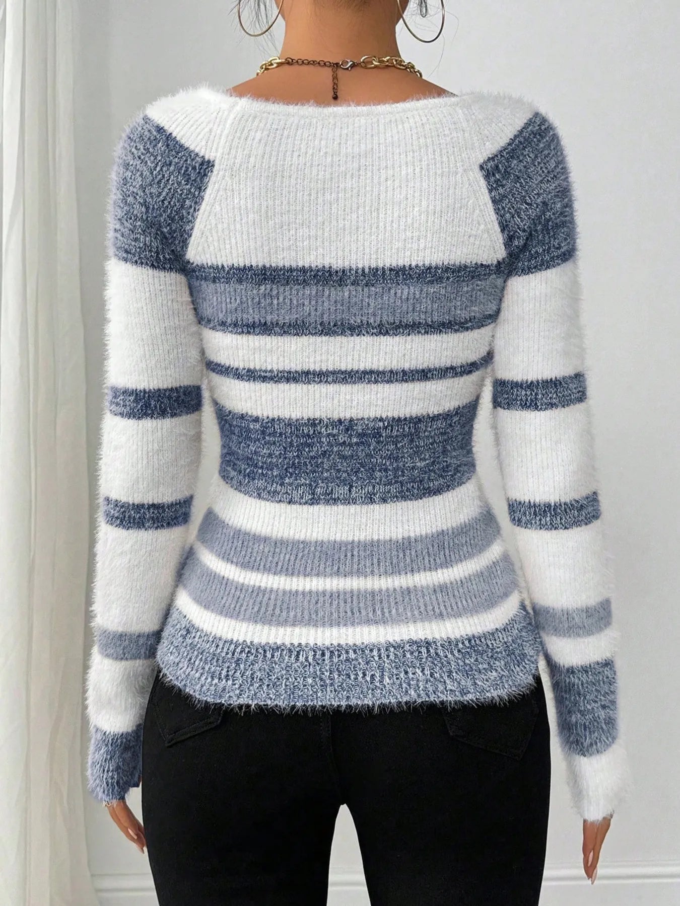 Striped Fuzzy Long Sleeve Sweater - -