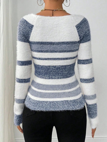 Striped Fuzzy Long Sleeve Sweater - -