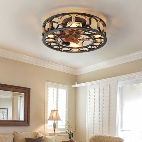Black Cage Ceiling Fan With Light Remote Control 6 Speed - - fan