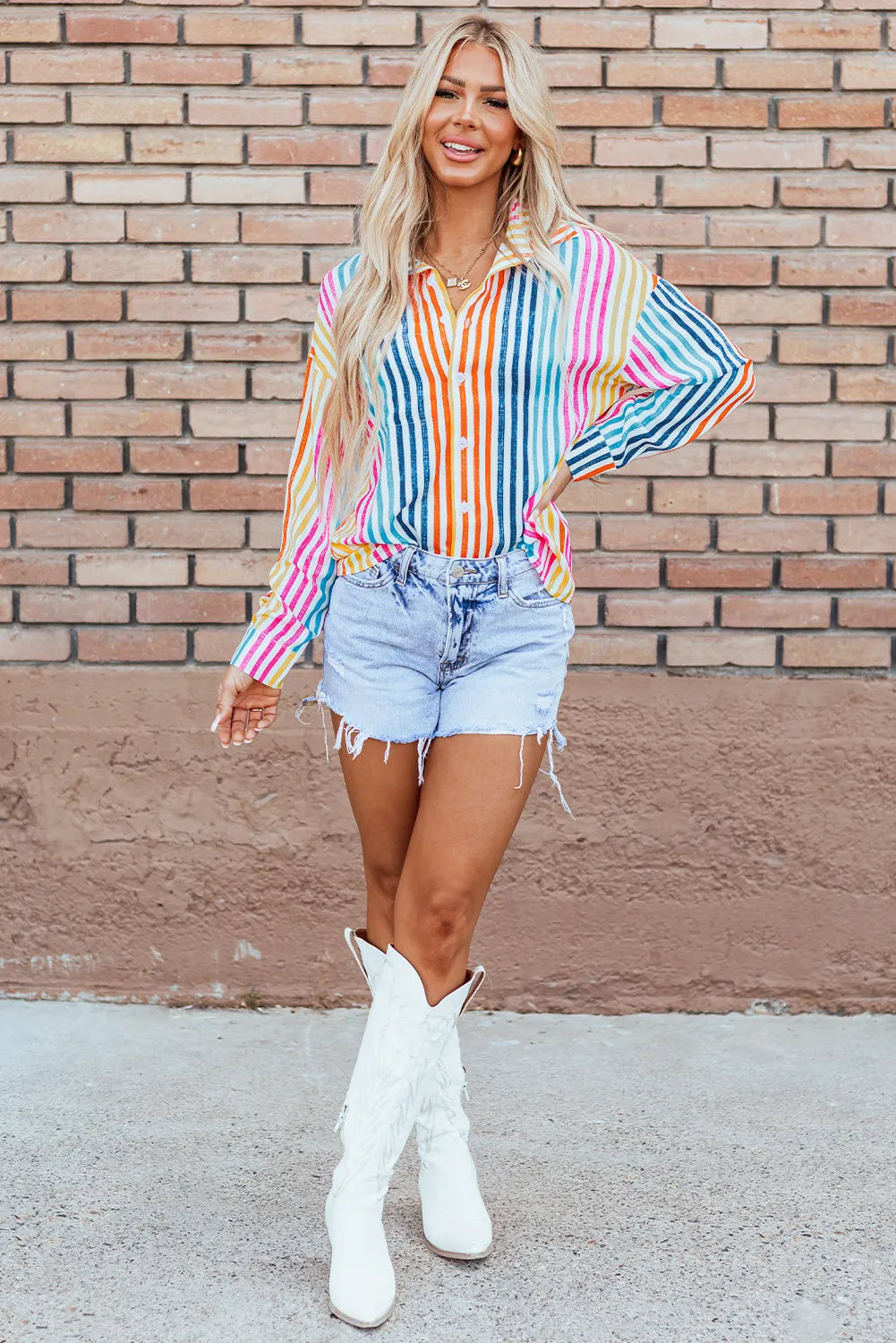 Striped Collared Neck Long Sleeve Shirt - -