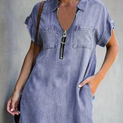 Denim Dress With Zip Closure - Purple 10 - dress