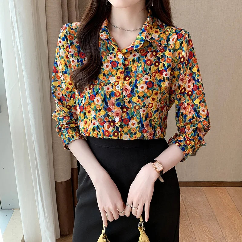 Women's Chiffon Vintage Abstract Print Button Up Loose Shirts Long Sleeve