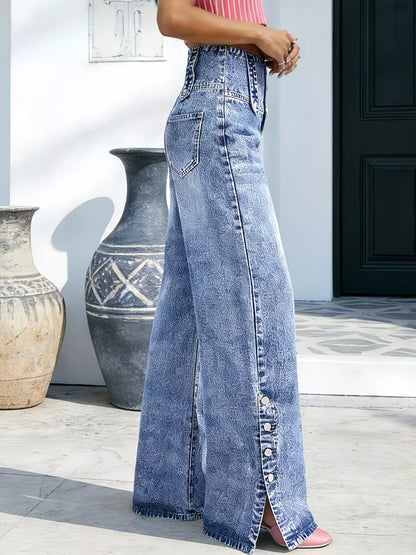 High Waisted Wide Leg Button Fly Blue Jeans - - jeans