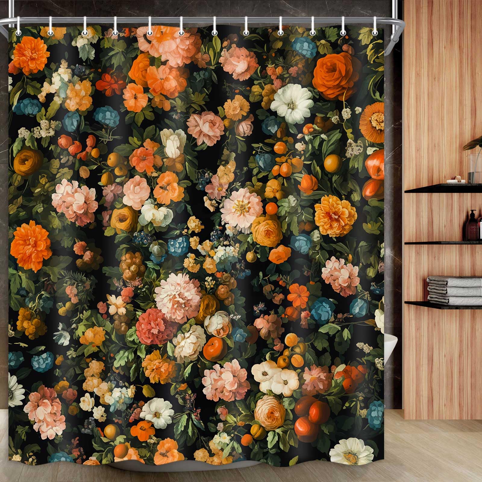 Drgilau Vintage Orange Red Floral Plants Waterproof Shower Curtain with 12 Hooks - Orange 72"W x 84"L (Pack of 1) - shower curtain
