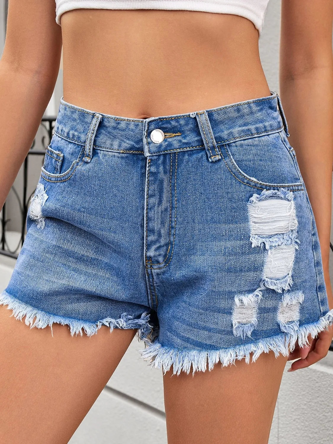 Distressed Raw Hem Denim Shorts - -
