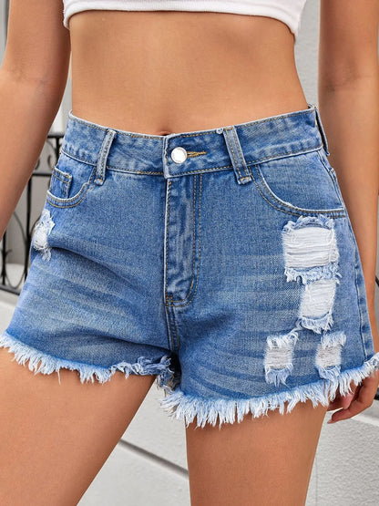 Distressed Raw Hem Denim Shorts - -
