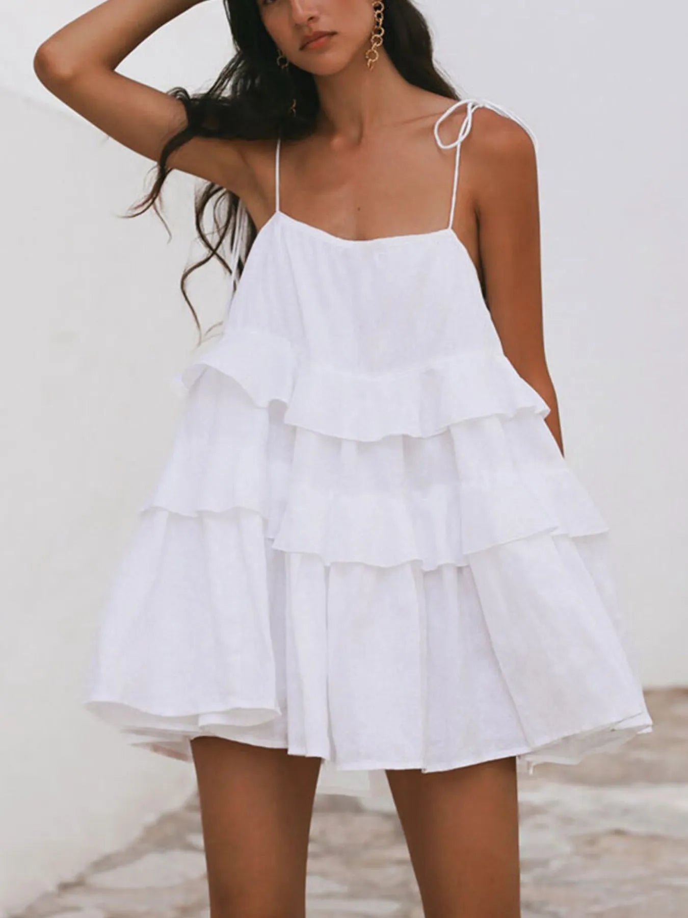 Ruffle Layered Tie Shoulder Cami Dress - -