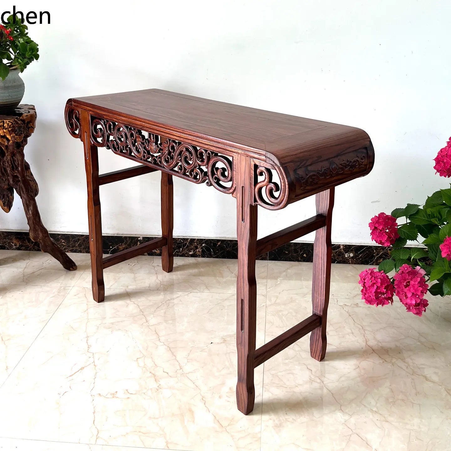 Solid Wood Guqin Console Table – Scroll-Head Altar Table - - Religious Altar Table