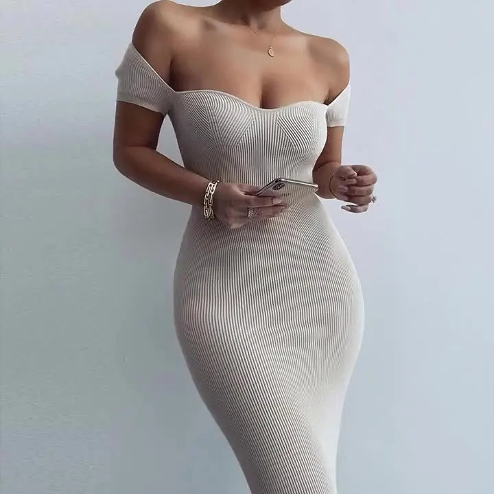 Pencil Long Dress Off Shoulder Solid Color Ribbed Knit Dress