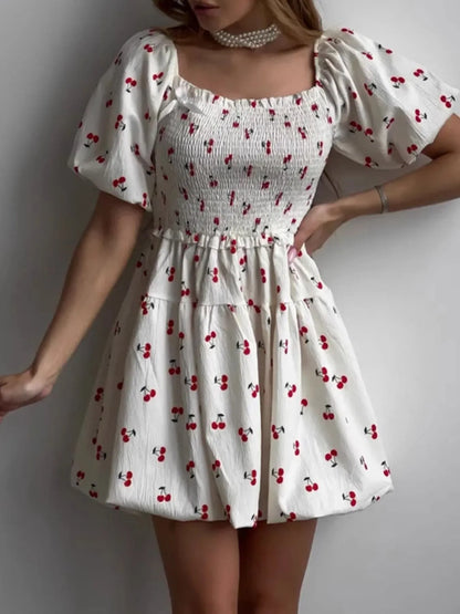 Puff Sleeve Cherry Print Smocked Mini Dress - -