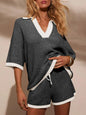 Collared Neck Contrast Striped Top and Shorts Sweater Set- Shopimist- {{Product type}}