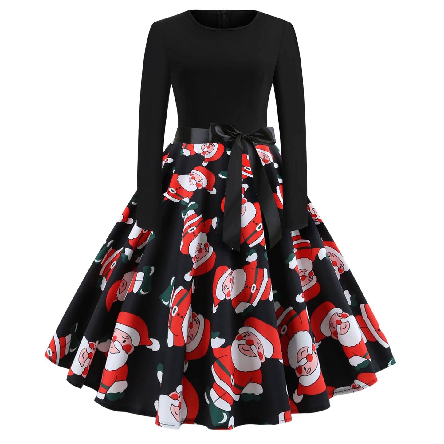 Winter Christmas Dresses Women 50S 60S Vintage Swing Dress Long Sleeve Casual