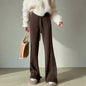 Ladies High Waist With Solid Color Loose Lace-Up Casual Knit Pants Brown