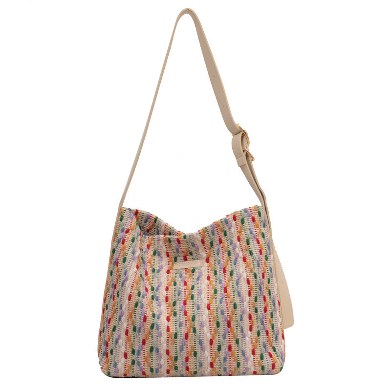 Large Capacity Womens Knit Rainbow Bucket Bag - - handbag