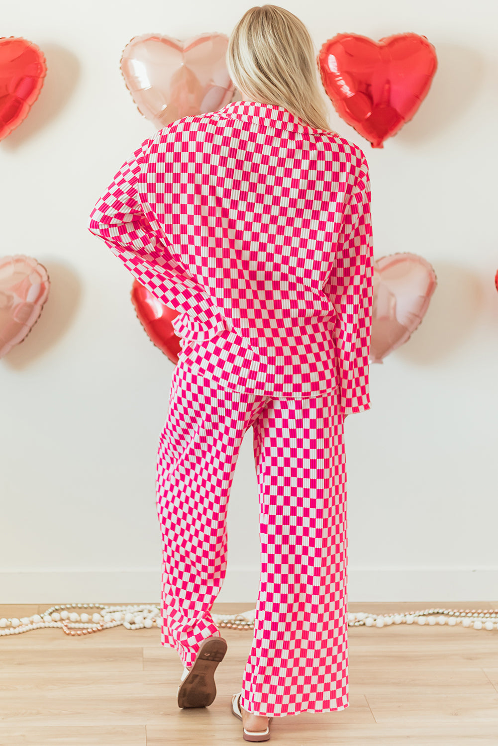 Pink Checkered Buttoned Shirt and High Waist Pants Pajama Set - - Loungewear & Sleepwear/Sleepwear