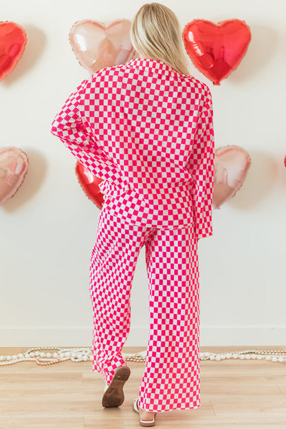 Pink Checkered Buttoned Shirt and High Waist Pants Pajama Set - - Loungewear & Sleepwear/Sleepwear