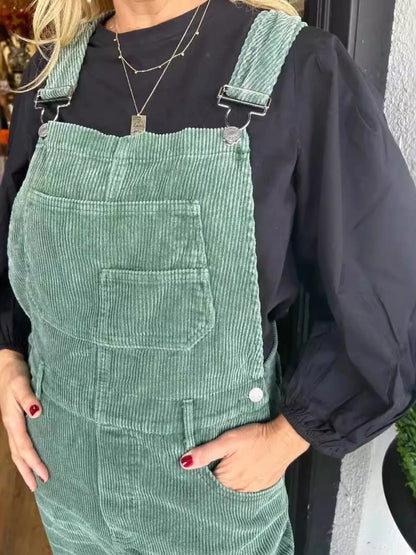Distressed Wide Leg Corduroy Overalls - -