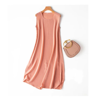 Silk Dress Crepe Dechine Solid a Line Sleeveless O Neck Tank Dresses