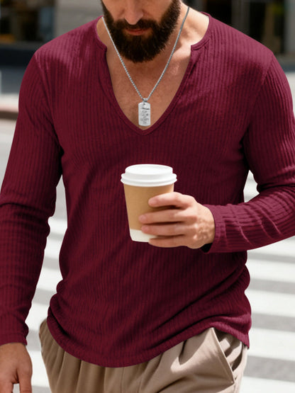Men's Full Size Casual Ribbed Long Sleeve T-Shirt Plus Size - Wine Red -