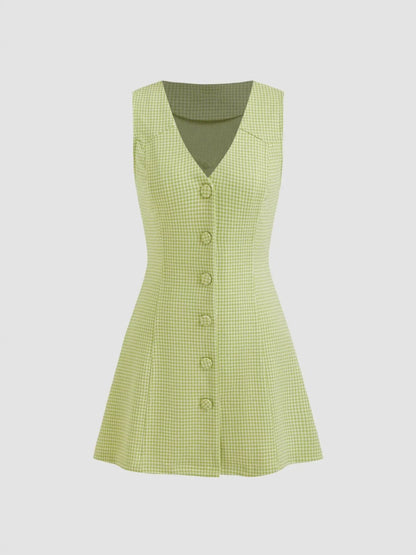 Gingham Button-Front A-Line Mini Dress - -