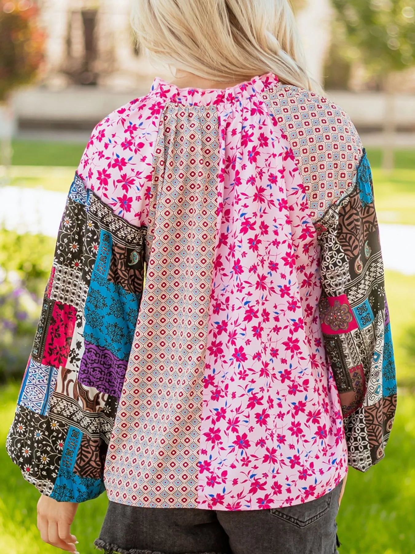 Boho Mixed Floral Drop Shoulder Bubble Sleeve Blouse - -