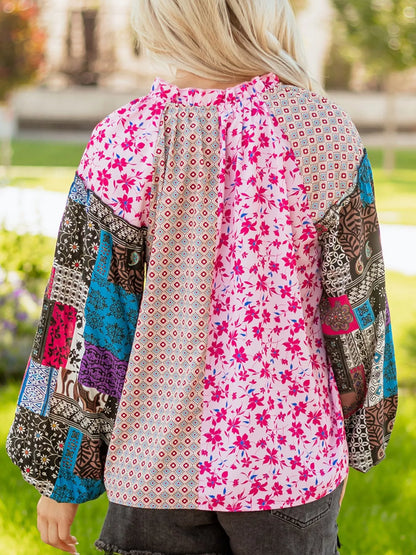 Boho Mixed Floral Drop Shoulder Bubble Sleeve Blouse - -
