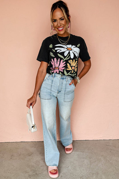 Black Retro Floral Print Crew Neck Casual T Shirt- I am a Fashion Junky- {{Product type}}