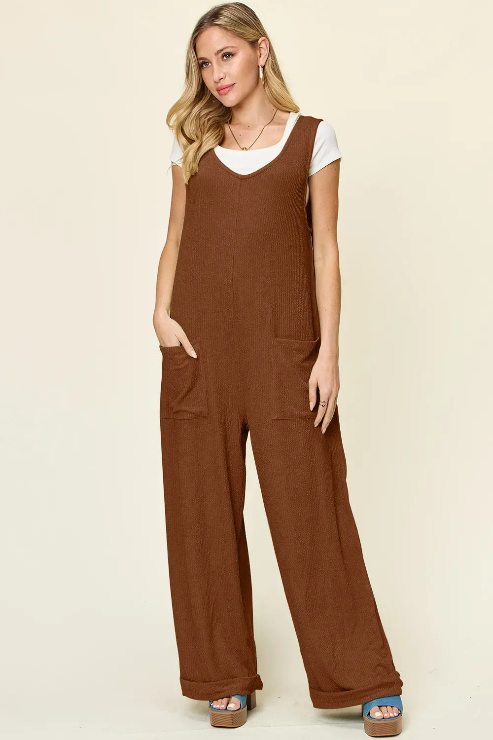 Double Take Full Size Texture Sleeveless Wide Leg Jumpsuit - -