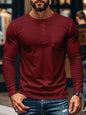 Men's Plus Size Casual Long Sleeve Henley T-Shirt with Pocket - Maroon -