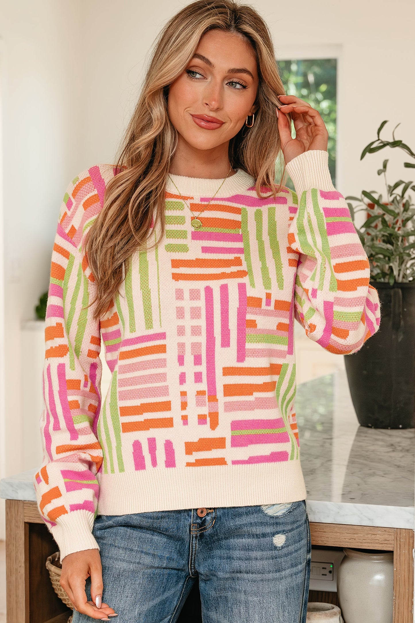Rose Love Lines Pattern Crew Neck Puff Sleeve Sweater - - Sweaters & Cardigans/Sweaters