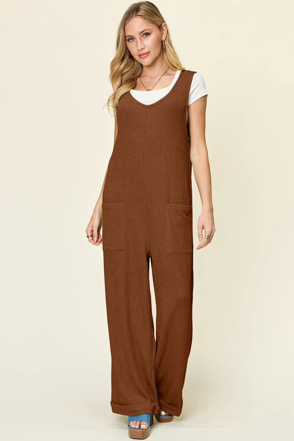 Double Take Full Size Texture Sleeveless Wide Leg Jumpsuit - Caramel -