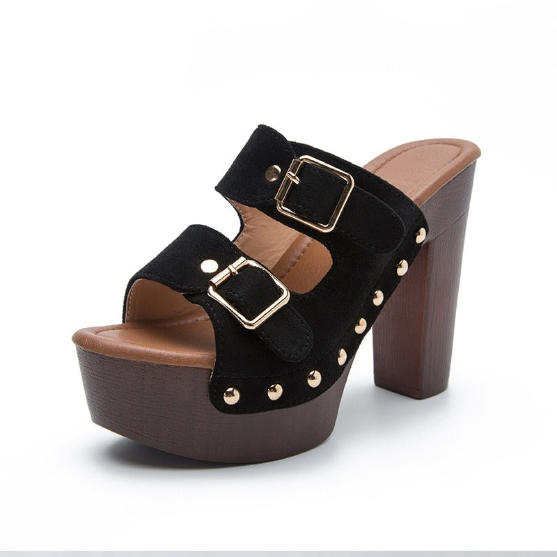 platform sandals square heel women high heel shoes ankle strap rivet mules shoes sandals - -