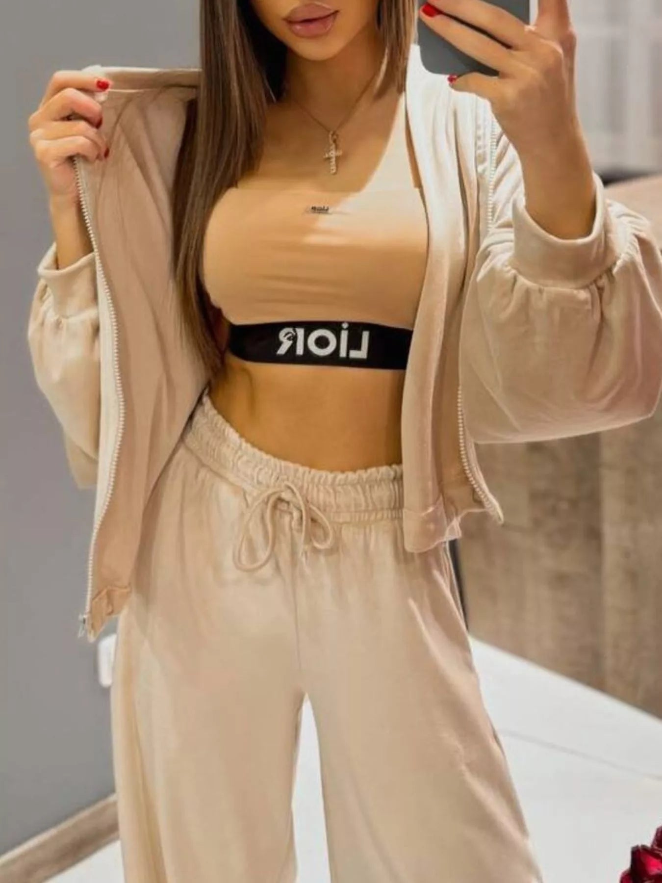 Zip Up Cropped Outerwear and Pants Set - -