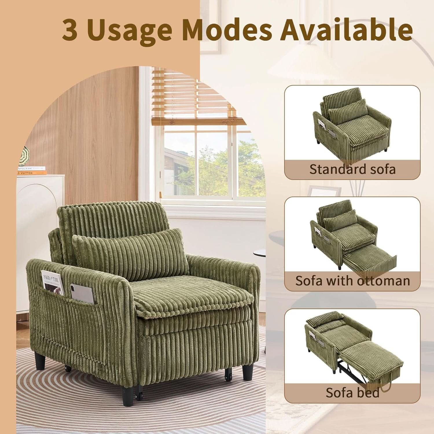 Corduroy Convertible Sofa Bed With Forest Green Fabric- ShipItFurniture- {{Product type}}