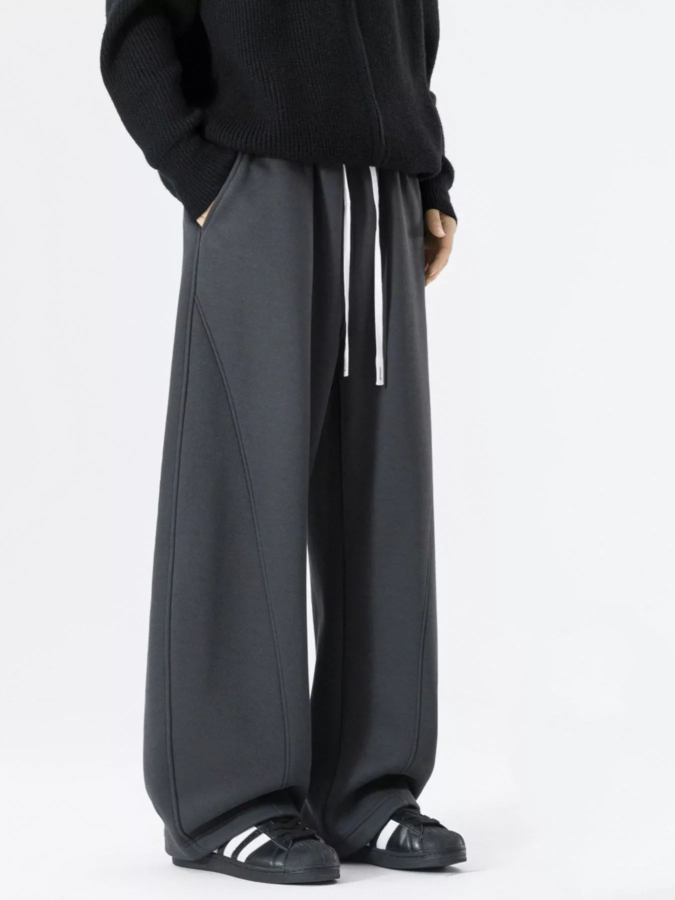 Men's Plus Size Loose Fit Drawstring Wide Leg Pants - Dark Gray -
