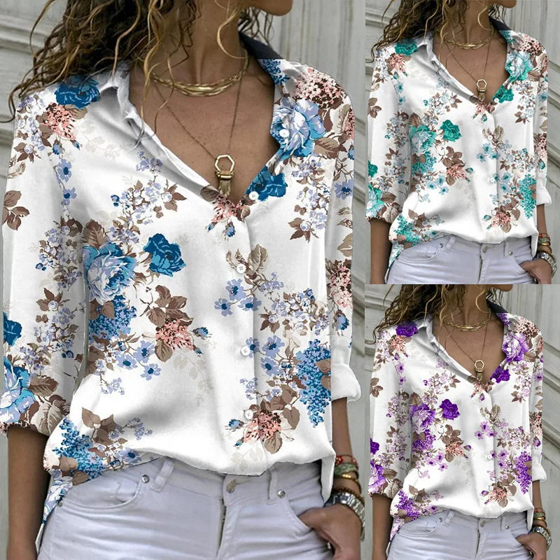 Long-Sleeved Casual Shirt Women Flower Blouse Oversized Loose Lapel Shirts