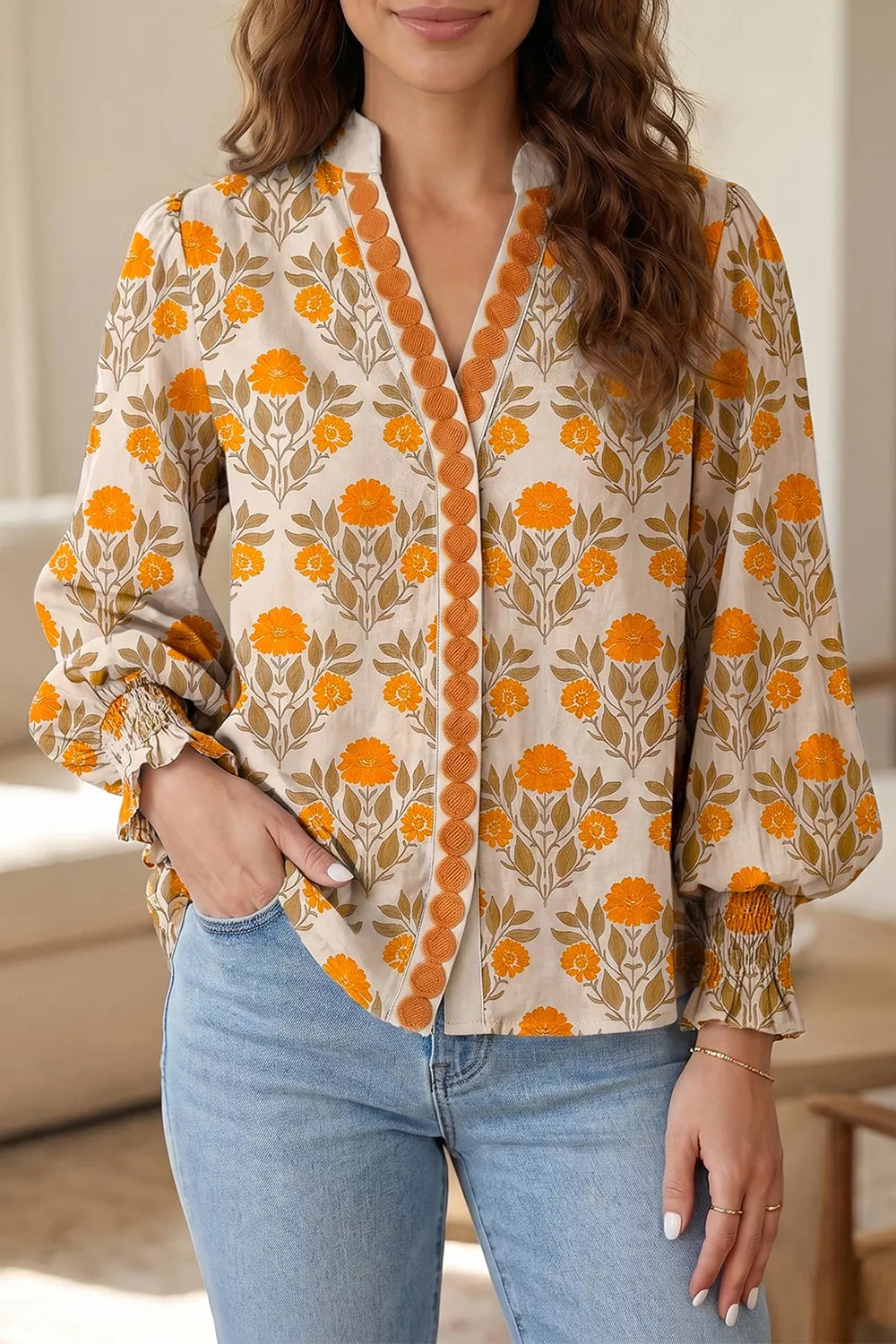 Floral Print V Neck Long Sleeve Top - -