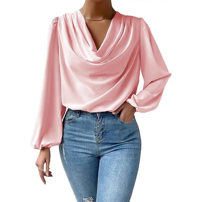 Chiffon Long Sleeve Shirt Loose v -Neck Top