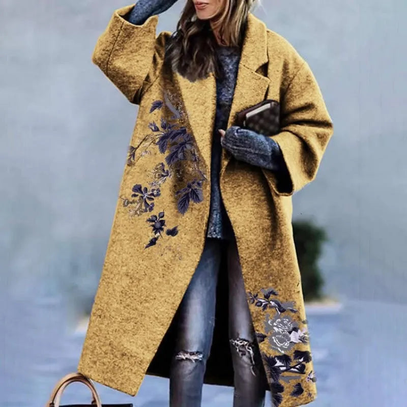 Winter Long Sleeve Lapel Jacket Printed Wool Long Winter Cashmere Coats