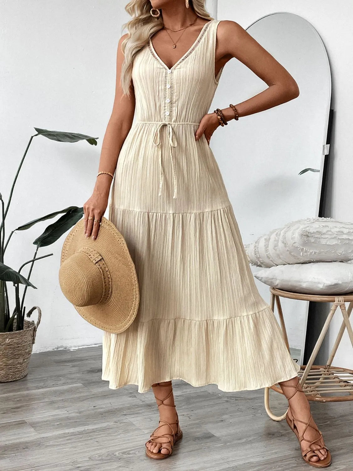 Decorative Button V-Neck Sleeveless Midi Tank Dress - -