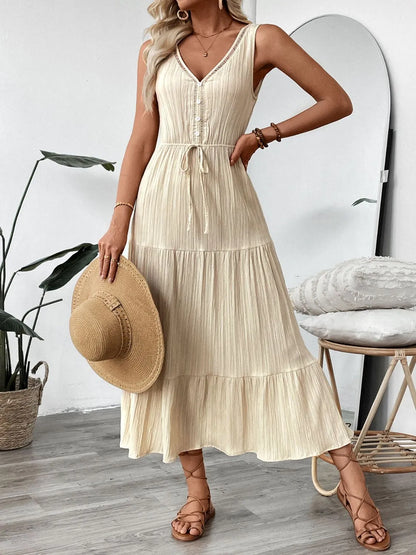 Decorative Button V-Neck Sleeveless Midi Tank Dress - -