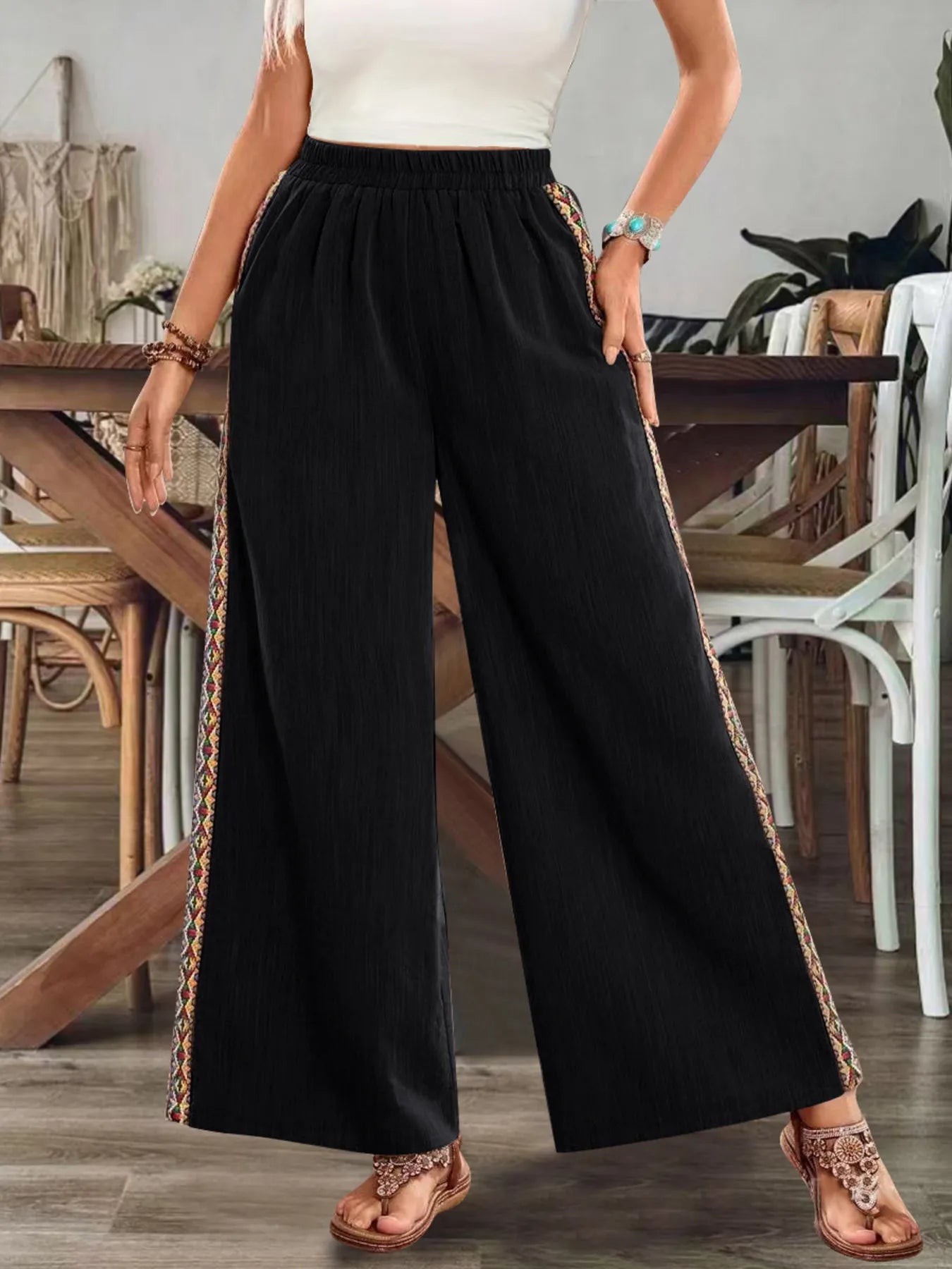 Bohemian Wide Leg Embroidered Side Stripe Pants - Black -