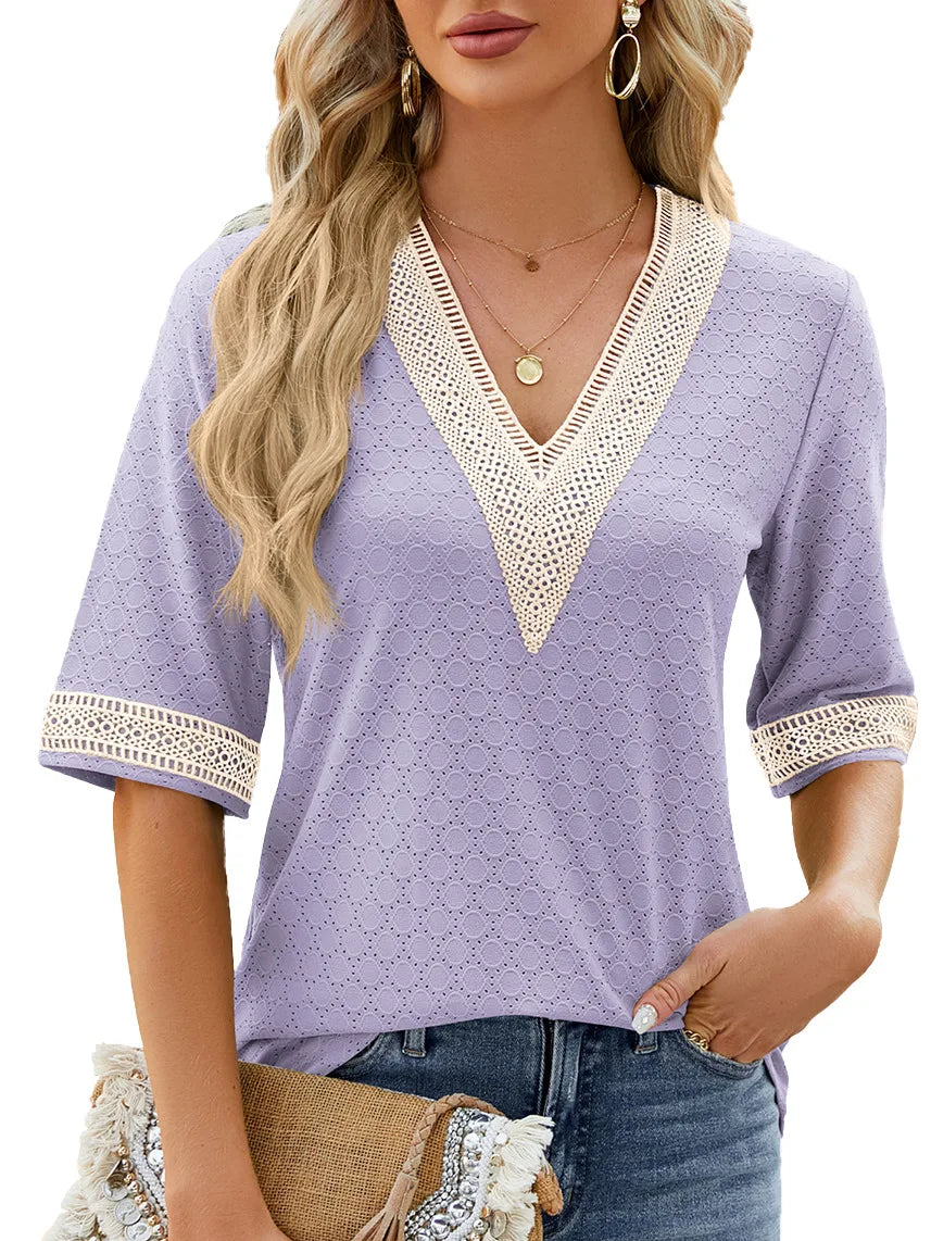 Solid Color Pullover V-Neck Lace Panel Mid Sleeve Shirt