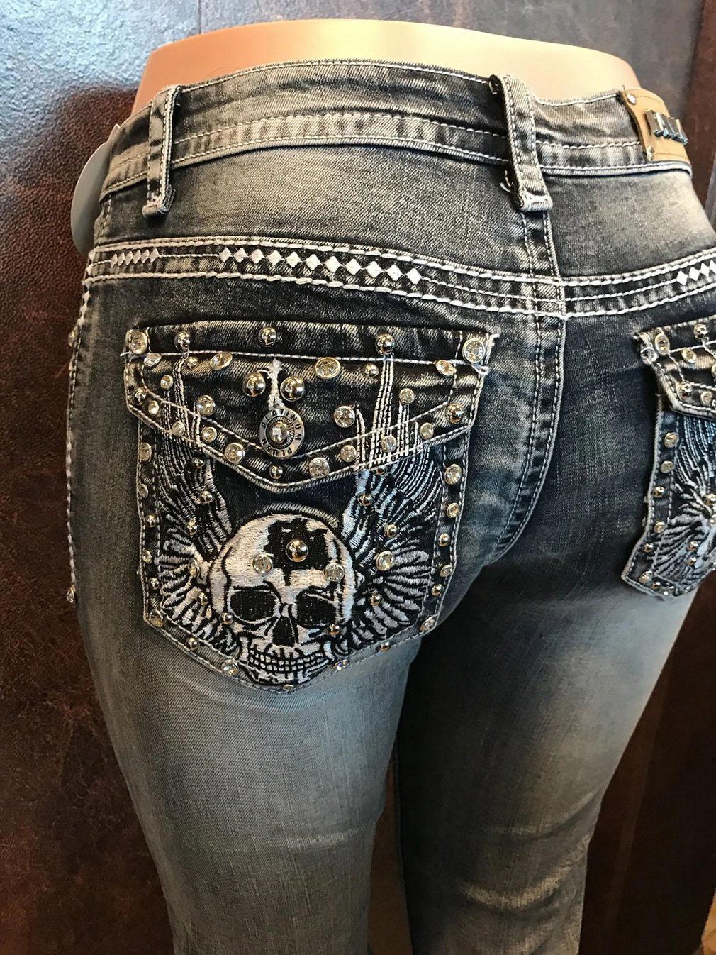 Retro Embroidered Skull Skinny Denim Jeans - Black Gray XL - Women's Fashion - Women's Clothing - Bottoms - Jeans